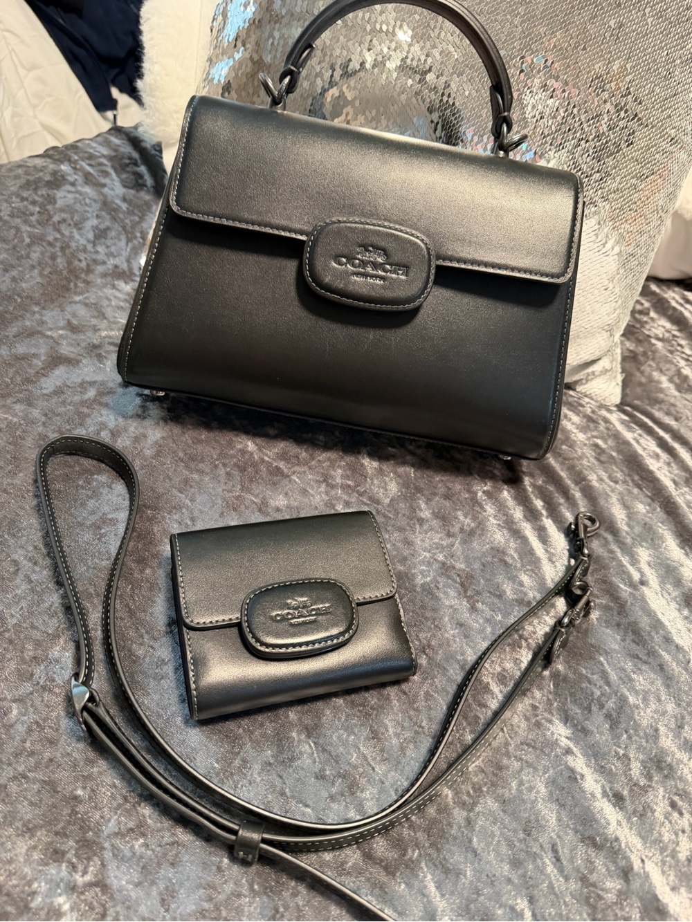 Coach Eliza Top-Handle Bag Gunmetal Leather Crossbody Handbag w/matching wallet